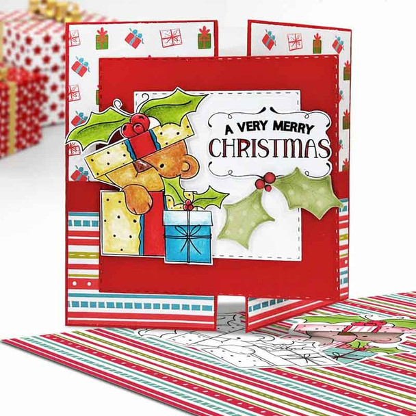 Gift box parcel Bella Christmas bear - printable stamp craft card making digital stamp download