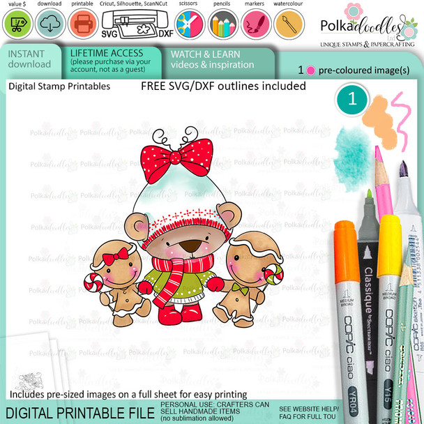 Gingerbread Bella Christmas bear - colour clipart printable stamp craft card making digital stamp download