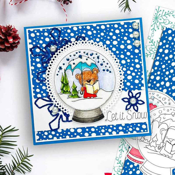 Snow globe carol singing Bella Christmas bear - printable stamp craft card making digital stamp download