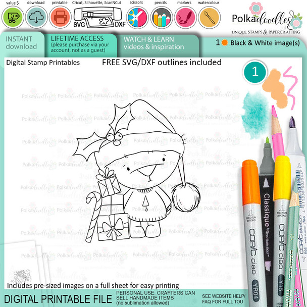 Gifts parcels Bella Christmas bear - printable stamp craft card making digital stamp download
