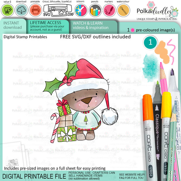 Gifts parcels Bella Christmas bear - colour clipart printable stamp craft card making digital stamp download