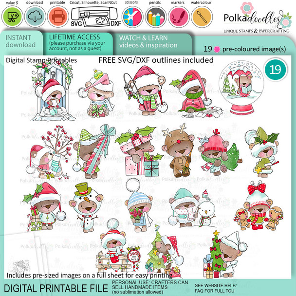 Christmas bear big kahuna value bundle - printable stamp clipart craft card making digital stamp downloads