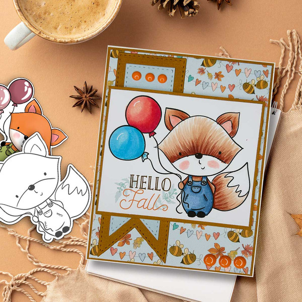 Balloon Autumn Fall Fox - colour clipart printable stamp craft card making digital stamp download