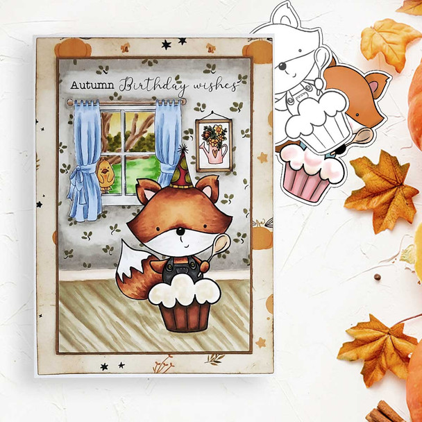 Cupcake Autumn Fall Fox - printable stamp craft card making digital stamp download