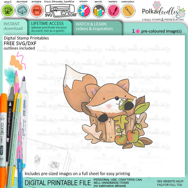 Apple barrel Autumn Fall Fox - colour clipart printable stamp craft card making digital stamp download