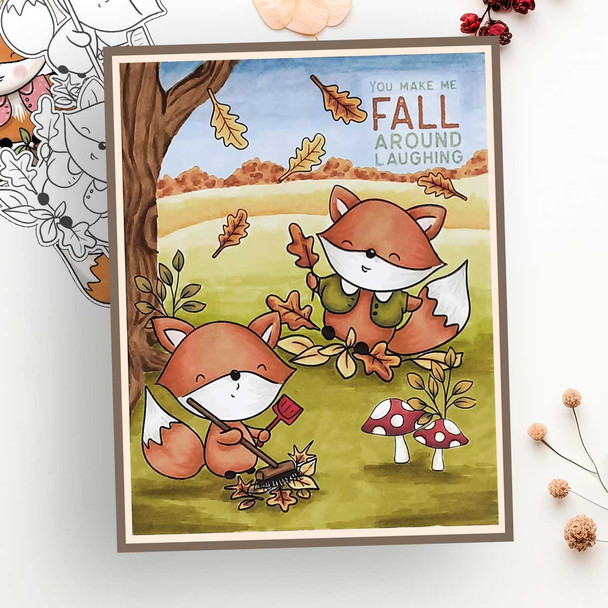 Leaves Autumn Fall Fox - printable stamp craft card making digital stamp download