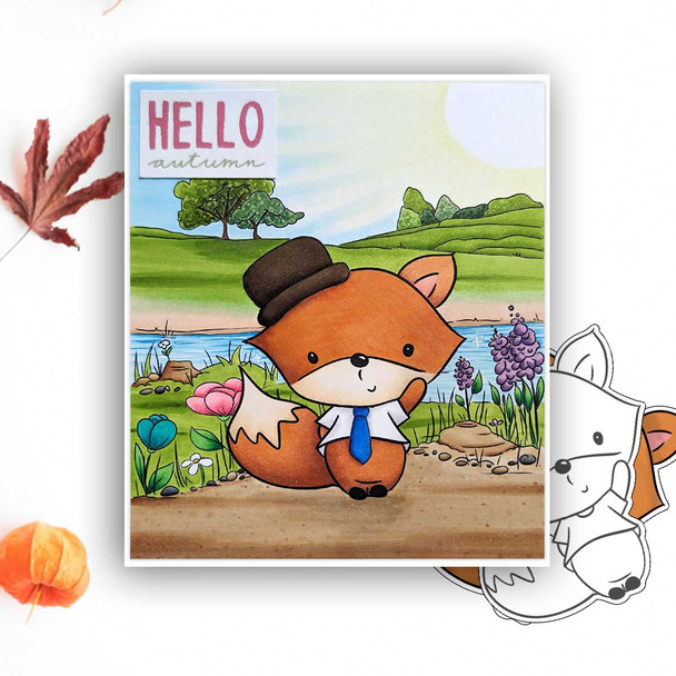 Hello cute Autumn Fall Fox - printable stamp craft card making digital stamp download