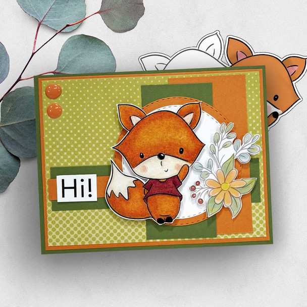 Hello cute Autumn Fall Fox - printable stamp craft card making digital stamp download