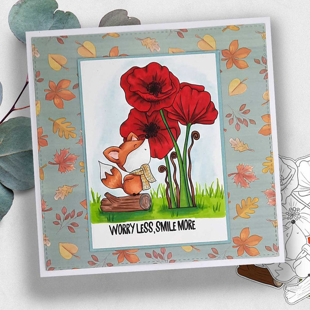 Poppy flowers Autumn Fall Fox - printable stamp craft card making digital stamp download