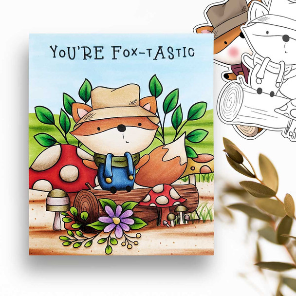 Toadstool woodland log Autumn Fall Fox - printable stamp craft card making digital stamp download