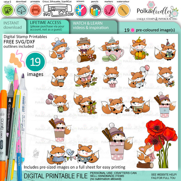 Autumn Fall Freddy Fox printable stamp craft card making digital stamp downloads - BIG KAHUNA bundle