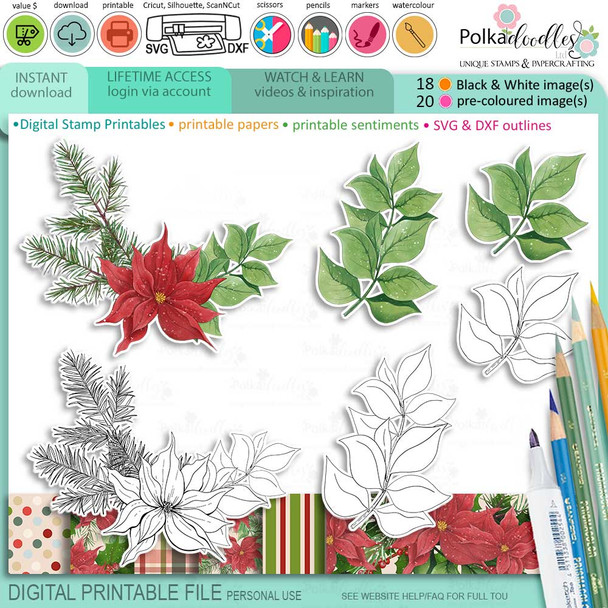 Poinsettia Wreath - printable craft card making digital downloads