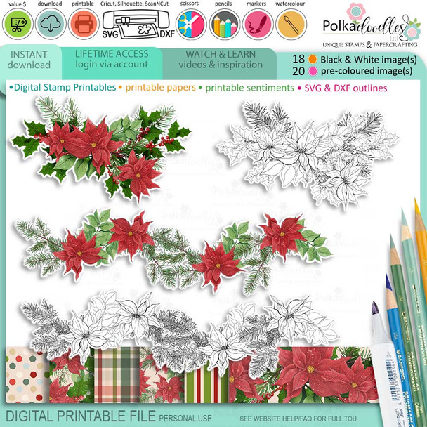 Poinsettia Wreath - printable craft card making digital downloads