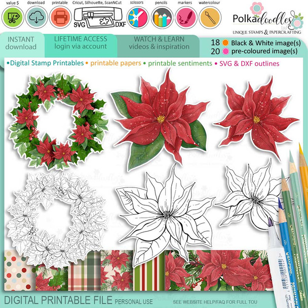 Poinsettia Wreath - printable craft card making digital downloads