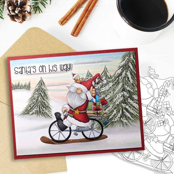 Santa bicycle - Christmas cute printable digital stamp for card making, craft, scrapbooking, printable stickers