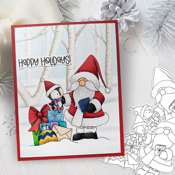 Santa penguin gifts - Christmas cute printable digital stamp for card making, craft, scrapbooking, printable stickers