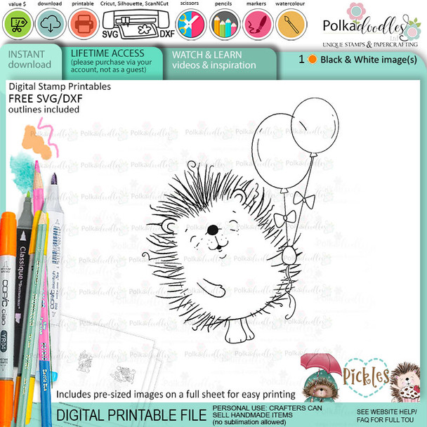 Pickles Hedgehog balloons - Christmas cute printable digital stamp for card making, craft, scrapbooking, printable stickers