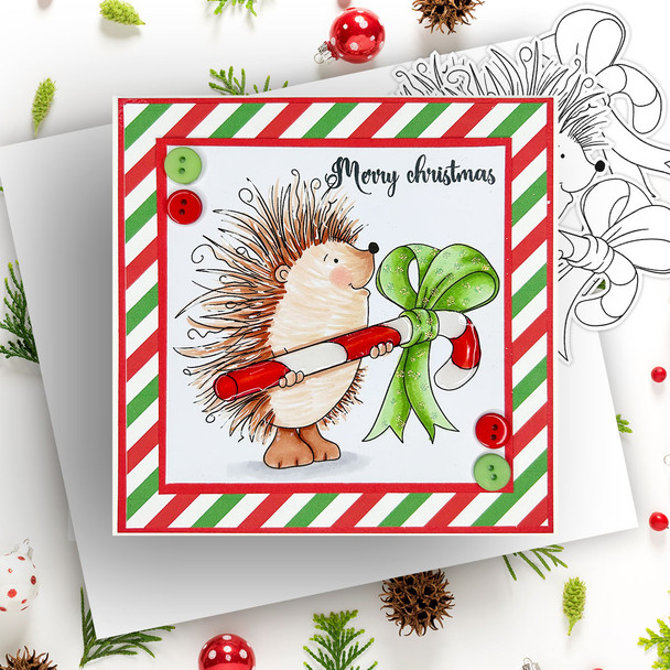 Pickles Hedgehog Candy Cane - Christmas cute colour clipart printable digital stamp for card making, craft, scrapbooking, printable stickers