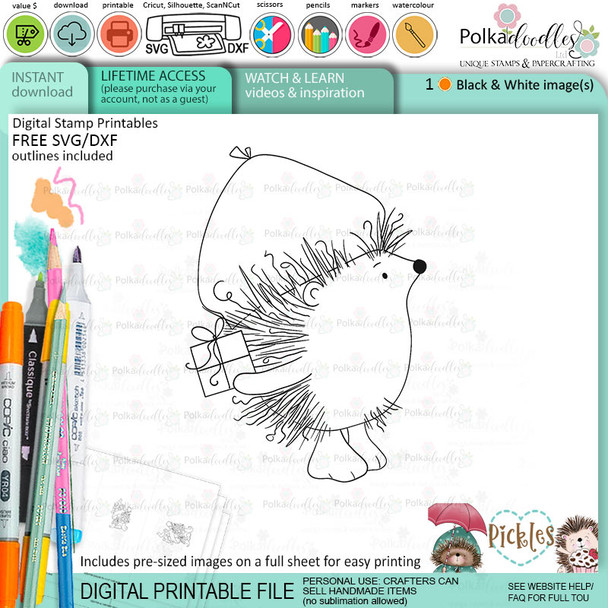 Pickles Hedgehog friend 2 - Christmas cute printable digital stamp for card making, craft, scrapbooking, printable stickers
