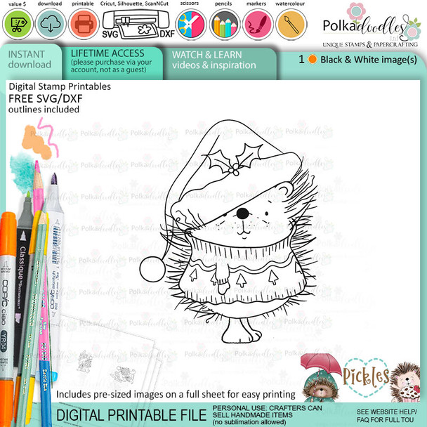 Pickles Hedgehog jumper sweater - Christmas cute printable digital stamp for card making, craft, scrapbooking, printable stickers