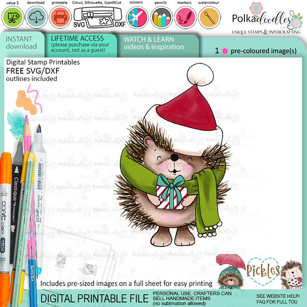 Pickles Hedgehog gift - Christmas cute colour clipart printable digital stamp for card making, craft, scrapbooking, printable stickers