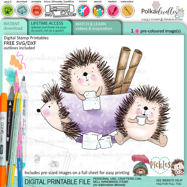 Pickles Hedgehog teacup - Christmas cute colour clipart printable digital stamp for card making, craft, scrapbooking, printable stickers