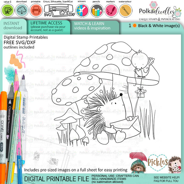 Pickles Hedgehog toadstool - Christmas cute printable digital stamp for card making, craft, scrapbooking, printable stickers