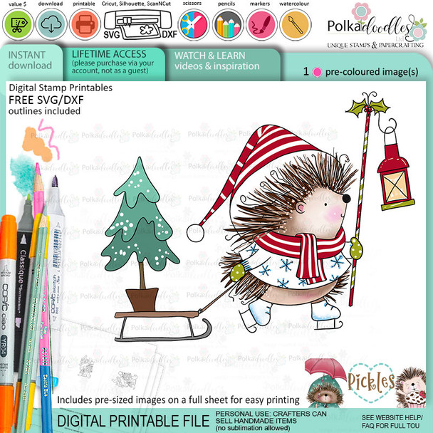Pickles Hedgehog christmas tree - Christmas cute colour clipart printable digital stamp for card making, craft, scrapbooking, printable stickers