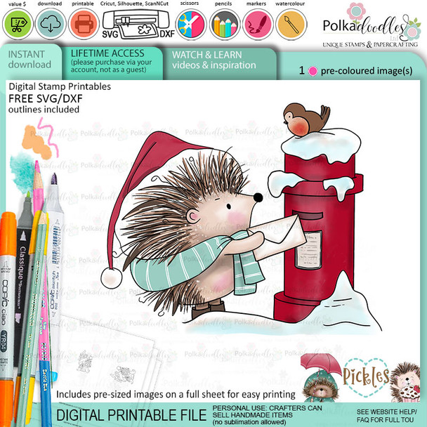 Pickles Hedgehog mailing letter - Christmas cute colour clipart printable digital stamp for card making, craft, scrapbooking, printable stickers