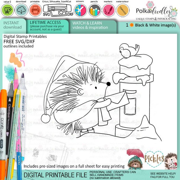 Pickles Hedgehog mailing letter - Christmas cute printable digital stamp for card making, craft, scrapbooking, printable stickers