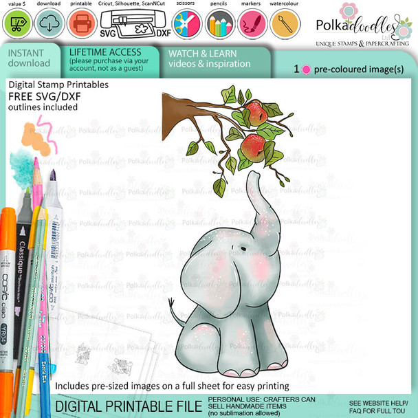 Apple of my eye elephant colour clipart printable digital stamp for card making, craft, scrapbooking, printable stickers