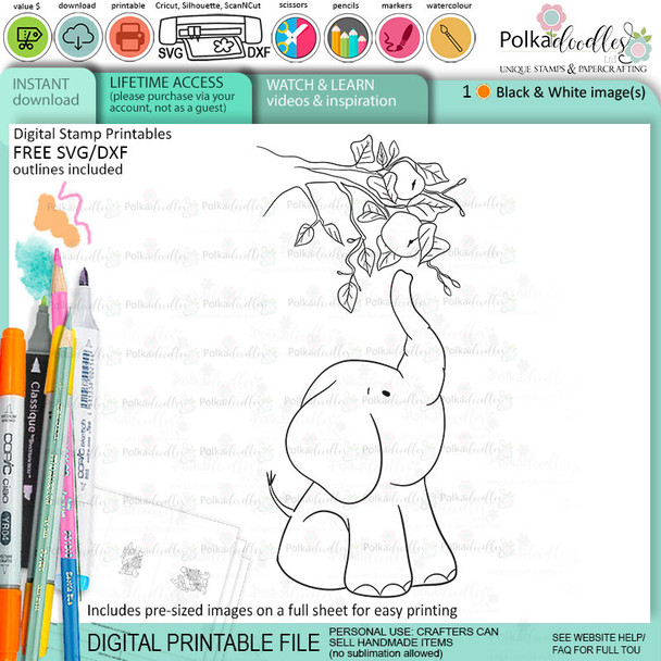 Apple of my eye elephant printable digital stamp for card making, craft, scrapbooking, printable stickers
