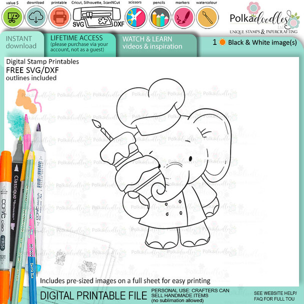 Birthday cake elephant printable digital stamp for card making, craft, scrapbooking, printable stickers