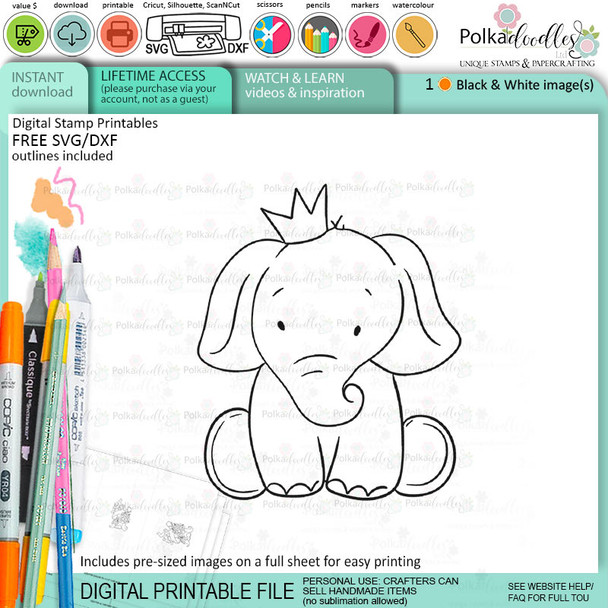 Birthday elephant printable digital stamp for card making, craft, scrapbooking, printable stickers