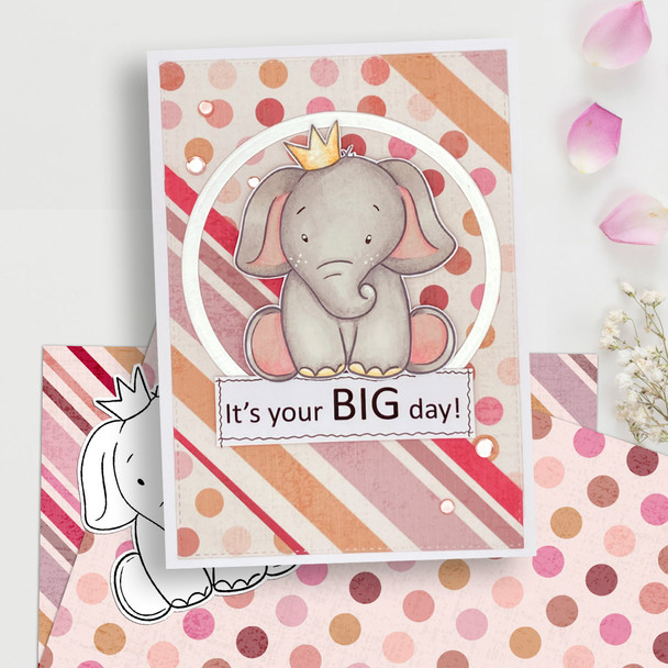 Birthday elephant printable digital stamp for card making, craft, scrapbooking, printable stickers