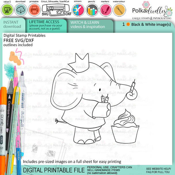 Cupcake elephant printable digital stamp for card making, craft, scrapbooking, printable stickers