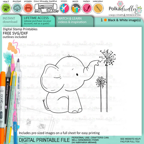 Dandelion elephant printable digital stamp for card making, craft, scrapbooking, printable stickers