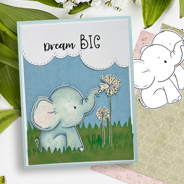 Dandelion elephant printable digital stamp for card making, craft, scrapbooking, printable stickers