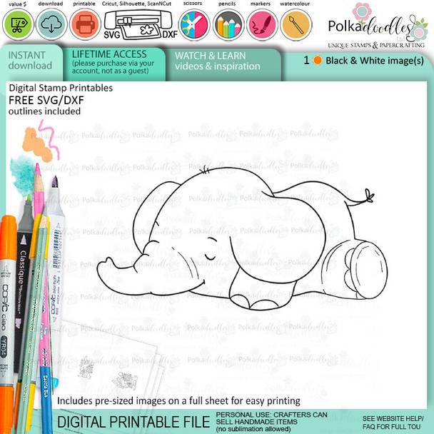 Dream Big elephant printable digital stamp for card making, craft, scrapbooking, printable stickers