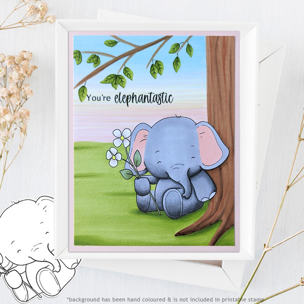 Flowers elephant printable digital stamp for card making, craft, scrapbooking, printable stickers