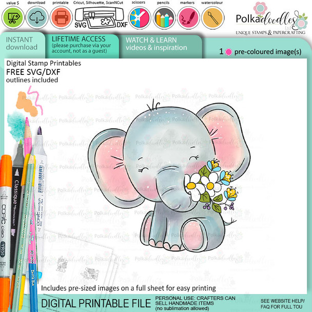 Flowers for you elephant colour clipart printable digital stamp for card making, craft, scrapbooking, printable stickers