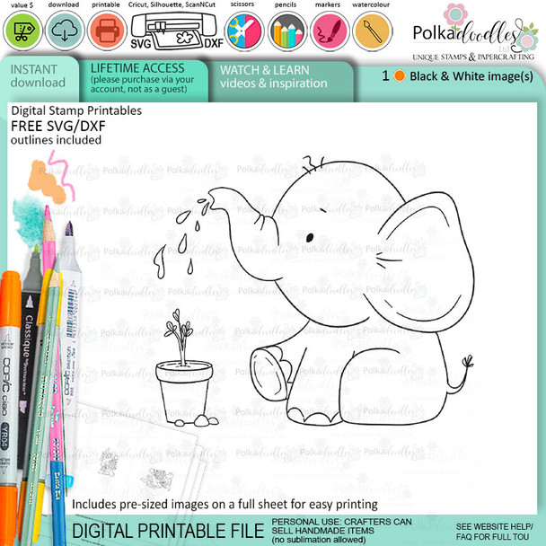 Garden Fun elephant printable digital stamp for card making, craft, scrapbooking, printable stickers