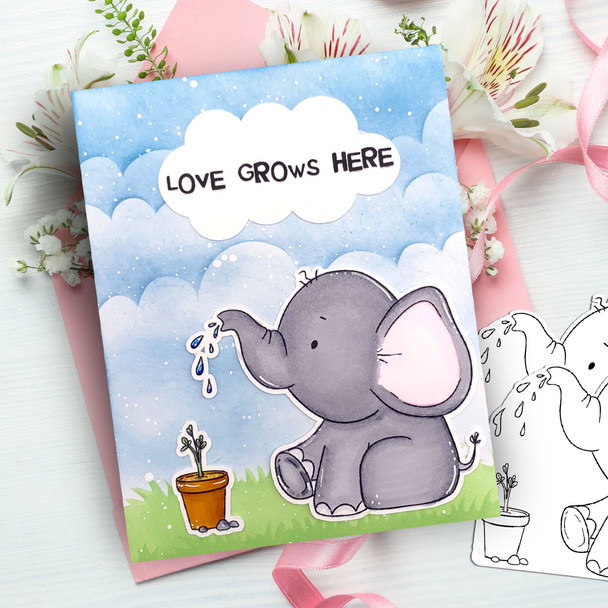 Garden Fun elephant printable digital stamp for card making, craft, scrapbooking, printable stickers