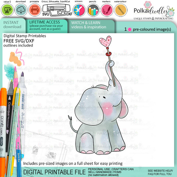 Love is elephant colour clipart printable digital stamp for card making, craft, scrapbooking, printable stickers