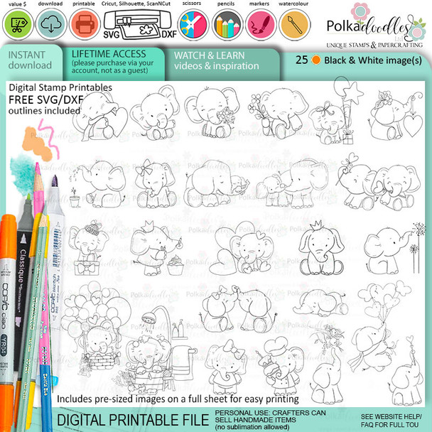 Cute elephant printable stamp craft card making digital stamp download bundle