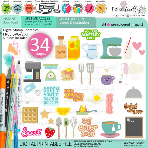 Pancakes and Waffles Cute girl Food and Drink digital stamps and SVG cutting files Big bundle - Pancake-waffles-food-kitchen-baking-printable-digital-stamp-svg-cutting-files-cricut-silhouette-craft-card-making-scrapbook-stickers