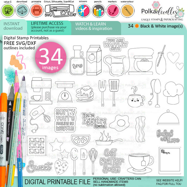 Pancakes and Waffles Cute girl Food and Drink digital stamps and SVG cutting files Big bundle - Pancake-waffles-food-kitchen-baking-printable-digital-stamp-svg-cutting-files-cricut-silhouette-craft-card-making-scrapbook-stickers