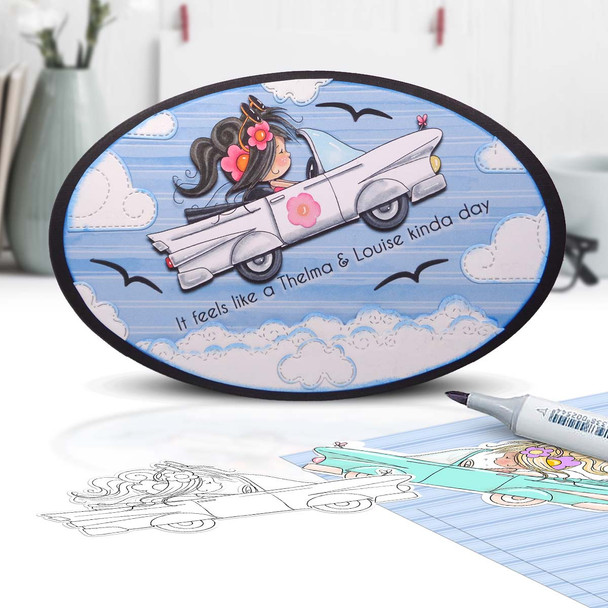 Vintage car Fairy Winnie Daisy printable digital stamp colouring card making crafts scrapbooking sticker with SVG print and cut outline