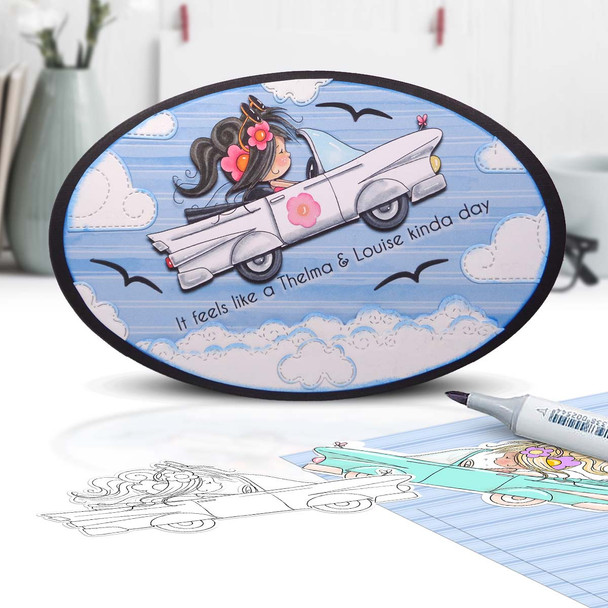 Vintage car Fairy Winnie Daisy printable precoloured clipart card making crafts scrapbooking sticker with SVG print and cut outline