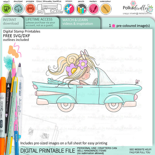 Vintage car Fairy Winnie Daisy printable precoloured clipart card making crafts scrapbooking sticker with SVG print and cut outline